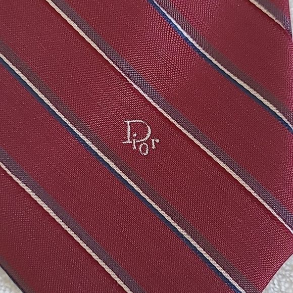 Vintage Christian Dior Men's Necktie Red Navy White Regimental Stripe Short Tie - Picture 14 of 16